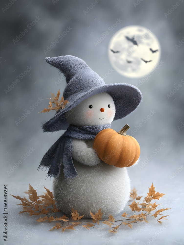 Obraz premium Cute Scarecrow with Pumpkin Under Full Moon Surrounded by Flying Bats — Whimsical Halloween Scene for Festive and Autumn Concepts
