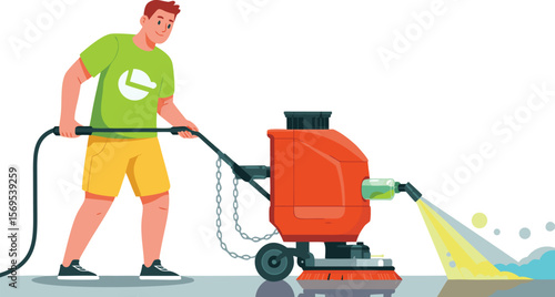 Illustration of a Man Cleaning Floor with Orange Floor Scrubber Machine and Solution