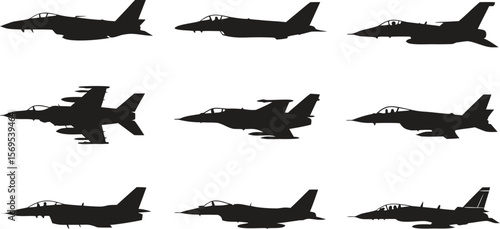Nine Fighter Jet Silhouettes Flying in Formation Against White Background Element