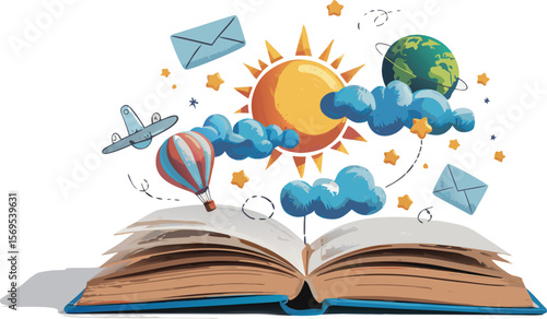 Open Book with Airplane, Hot Air Balloon, Sun, Clouds, Stars, Globe, and Mail Icons