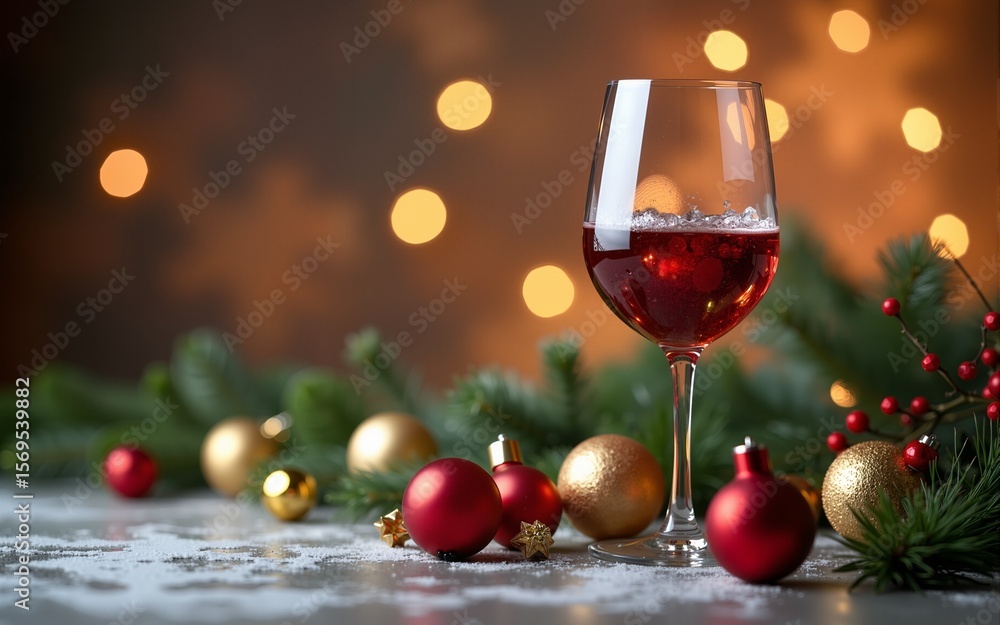 Christmas holiday concept with wine glass, ornaments, and decorative elements for a festive celebration. High quality Christmas holiday concept with wine glass, ornaments, and decorative elements for a festive celebration. High quality