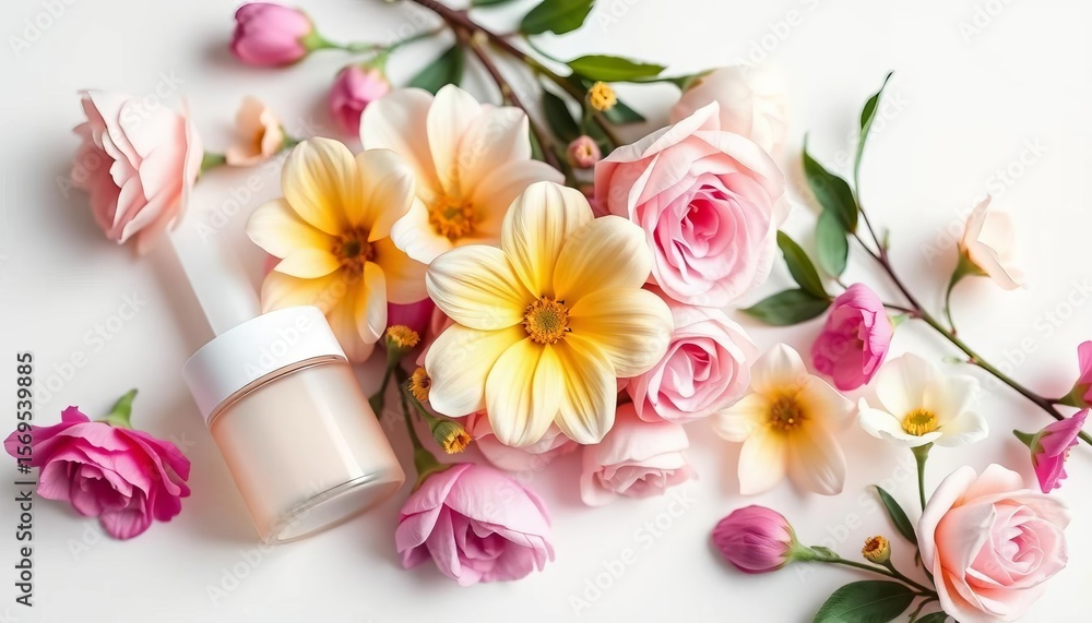 Pastel cosmetics & spring blooms arranged on white backdrop, cosmetic products, eyeshadow Pastel cosmetics & spring blooms arranged on white backdrop, cosmetic products, eyeshadow
