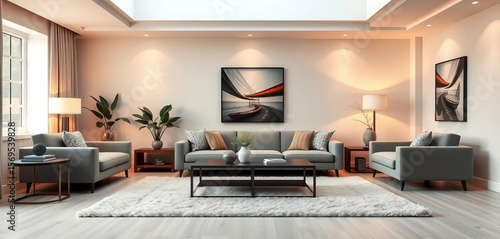 Wallpaper Mural Modern minimalist living room, plush rug, soft lighting, comfy seating,  contemporary style,  texture Torontodigital.ca