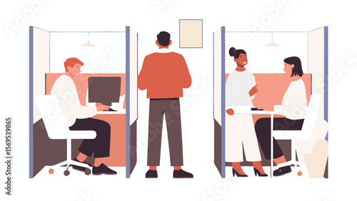 Illustration of people in office cubicles with a manager overseeing the workspace arrangement