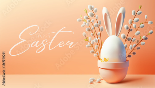 Festive Easter banner, greeting, greetings, poster, flyer. Easter Horizontal Illustration, Egg with Bunny Ears. Trendy Easter day template design. Modern Minimalist 3D Easter card. Pussy willow twigs