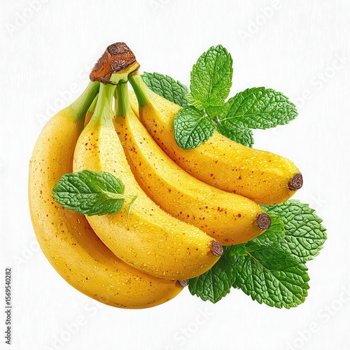 Bunch of Ripe Yellow Bananas Garnished with Fresh Green Mint on White Background