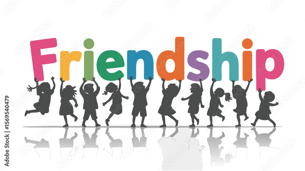 Silhouette Kids Holding Colorful Friendship Letters, Reflecting on White Surface, Group of Children Silhouette Kids Holding Colorful Friendship Letters, Reflecting on White Surface, Group of Children