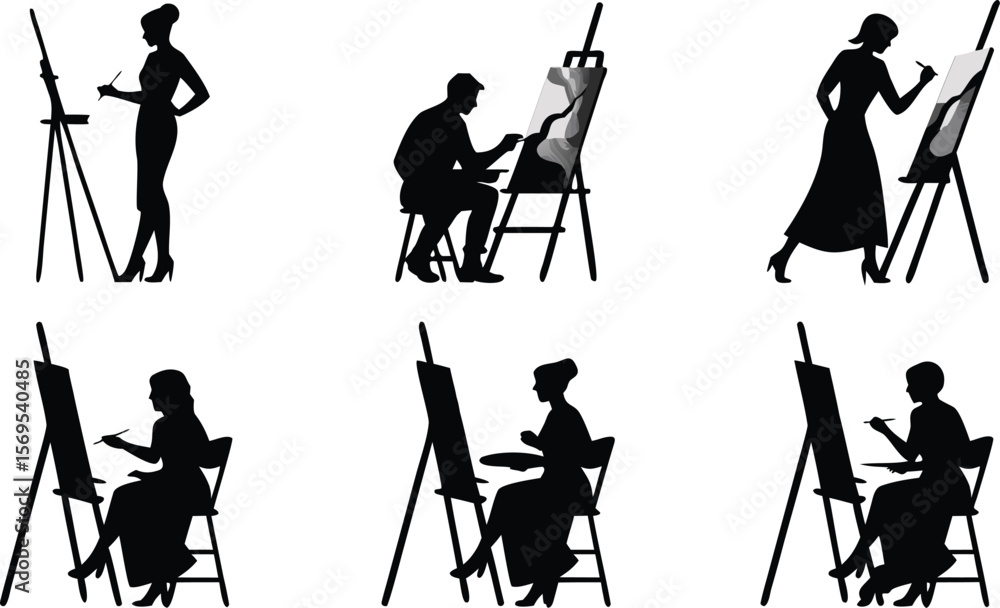Obraz premium Silhouette Illustrations of Artists Painting on Easels Diverse Poses, Creative Expression, Artistry