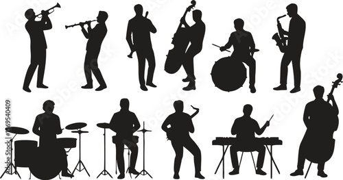 Silhouette Illustration of Musicians Playing Instruments Trumpet, Clarinet, Bass, Drums, Saxophone, Guitar, and Keyboard