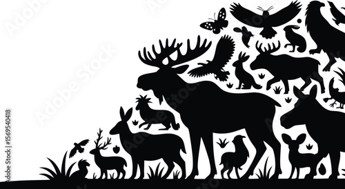 Silhouette Illustration of Forest Animals Moose, Deer, Rabbits, Birds, Butterflies, and Other Wildlife