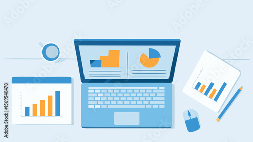 Illustration of a laptop displaying charts with a mouse and paperwork on a light blue surface