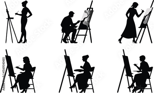 Silhouette Illustrations of Artists Painting on Easels Diverse Poses, Creative Expression, Artistry