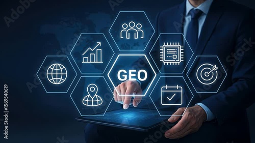 Businessman using glowing touchscreen tablet with hexagon icons for GEO, AI Optimization in clean office, highlighting Generative Ranking concept