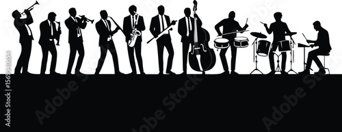 Silhouette of Orchestra Musicians Playing Trumpet, Saxophone, Clarinet, Double Bass, and Drums in Concert