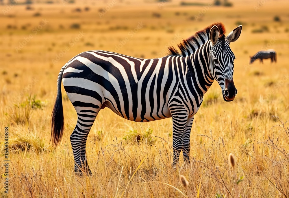 Naklejka premium Striped zebra grazes serenely in Kenya's vast savanna grassland, Africa, zebra