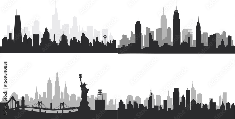 Fototapeta premium Silhouetted Cityscapes Graphics of Chicago, New York, and Unidentified Urban Skylines
