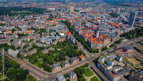 A panoramic aerial view of the city Leipzig in Germany on a sunny day in spring