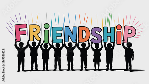 Silhouetted Children Holding Up Colorful Friendship Letters with Decorative Lines Above on Light Background