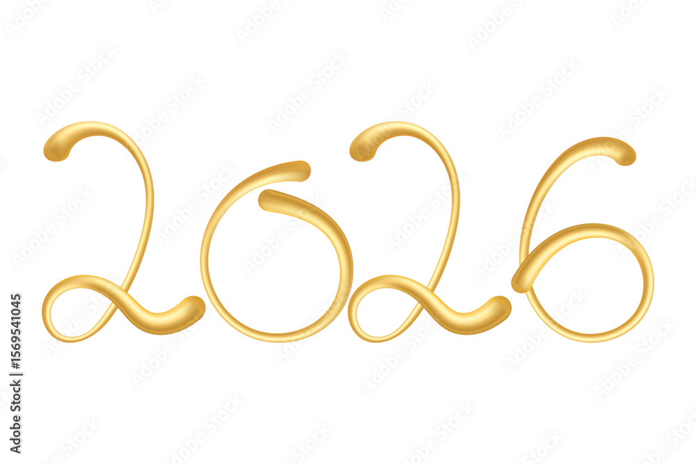 Curved 3D gold 2026 numbers on white background Curved 3D gold 2026 numbers on white background