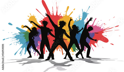 Silhouettes of Dancers Against a Vibrant, MultiColored Paint Splatter Background, Isolated on White