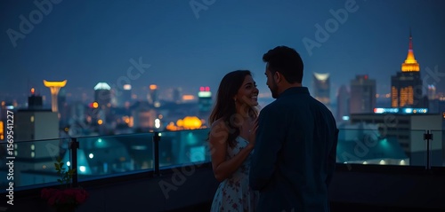 Twilight rooftop romance, playful interaction,  affection,  background