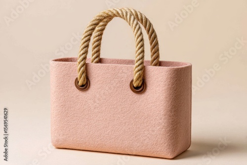 Close up of a pink tote bag with rope handles on a neutral background
