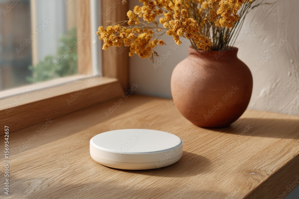 Still life of a smart home device on a wooden table by a window vase Still life of a smart home device on a wooden table by a window vase