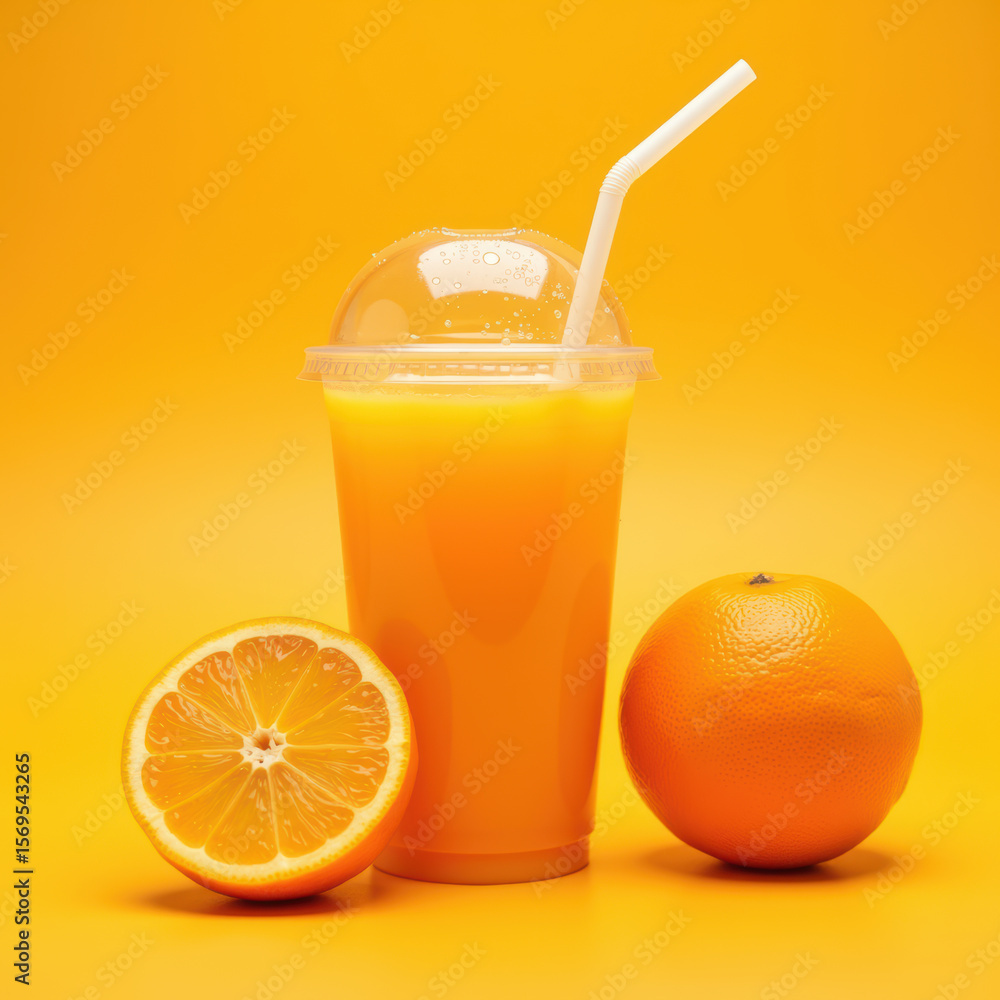 Fresh orange juice in clear cup with straw, surrounded by whole and sliced oranges, set against vibrant yellow background Fresh orange juice in clear cup with straw, surrounded by whole and sliced oranges, set against vibrant yellow background
