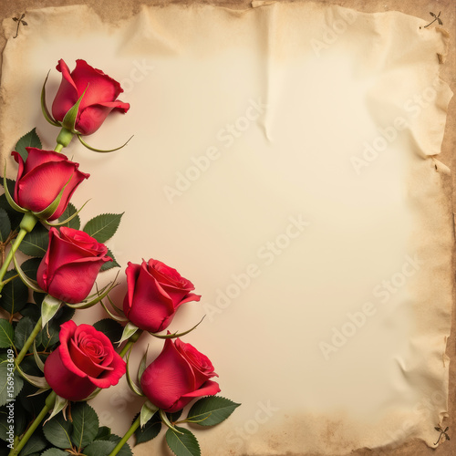 Beautiful red roses arranged elegantly on vintage parchment background, perfect for romantic messages or invitations