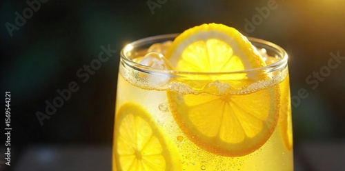 Refreshing Bitter Lemon Soda Close-up of Icy Drink with Citrus Slices, Condensation, and Clinking Ice Cubes, Perfect for a Hot Summer Day