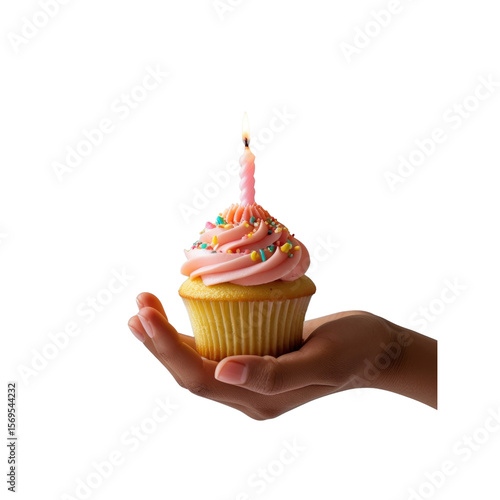 Single Birthday Cupcake with Pink Frosting and Candle in Hand