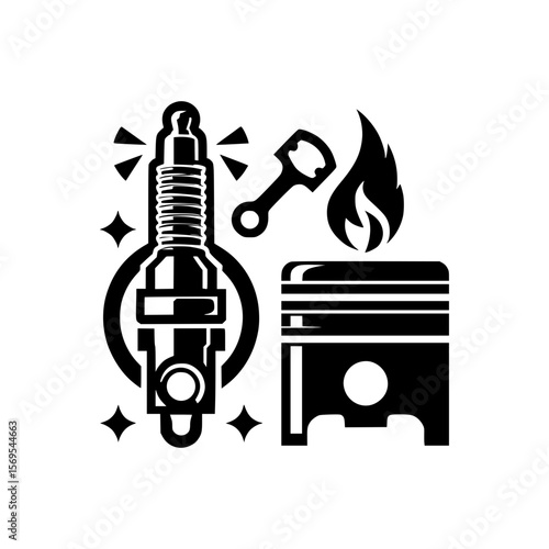Spark plug and piston isolated on white background