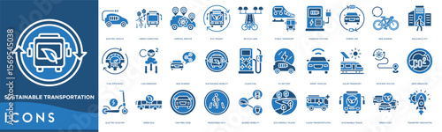 Sustainable Transportation icon set. Electric Vehicle, Green Commuting, Carpool Service, Eco Transit, Bicycle Lane, Public Transport, Charging Station and Hybrid Car