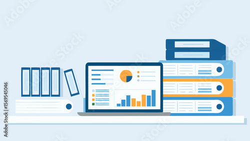 Laptop displaying charts with stack of binders and files on a shelf against light blue background