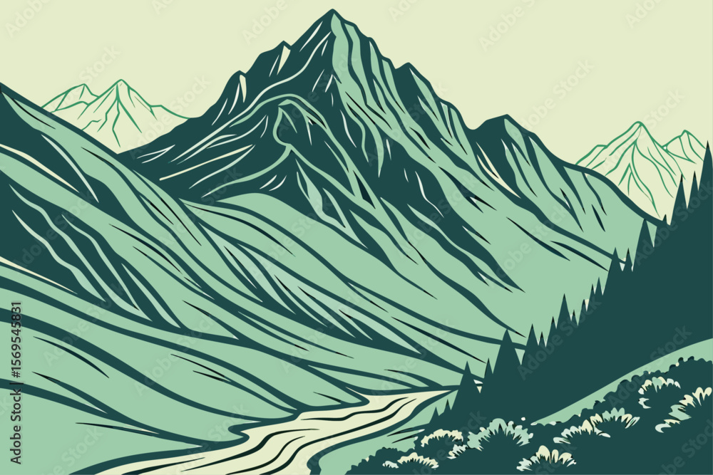 Fototapeta premium Abstract Hand Drawn Mountain Landscape with Minimalist Design Style