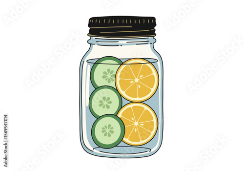 Detox water jar filled with lemon and cucumber slices, isolated on transparent background    