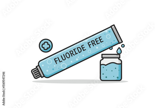 Fluoride free toothpaste tube and jar with blue gel illustration, isolated on transparent background    
