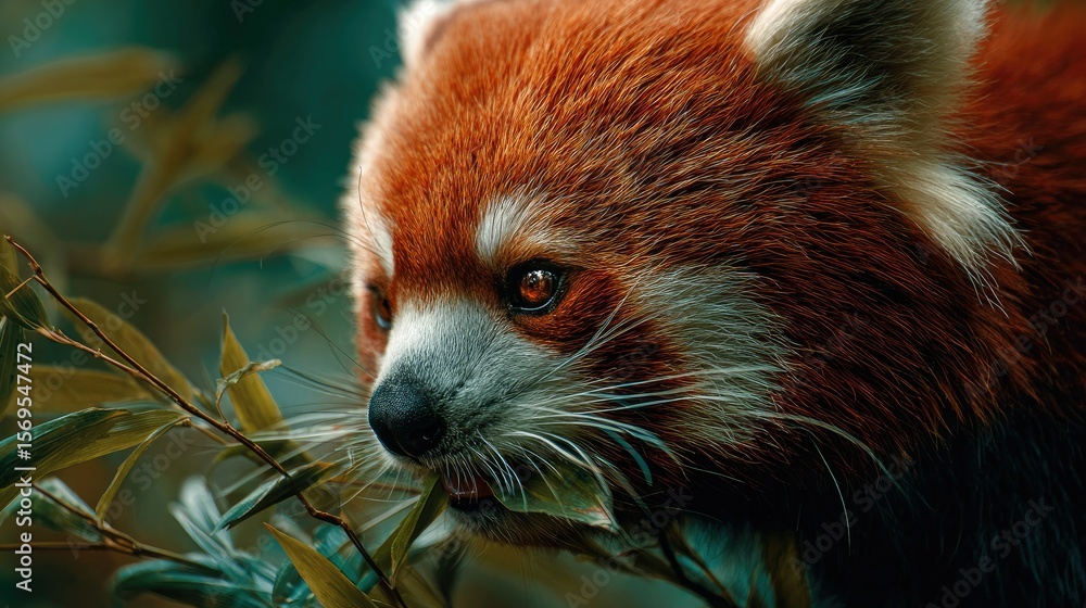 Obraz premium close-up of a red panda munching bamboo, color tones: rust red, forest green, and ivory white