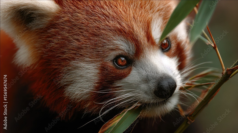 Obraz premium close-up of a red panda munching bamboo, color tones: rust red, forest green, and ivory white