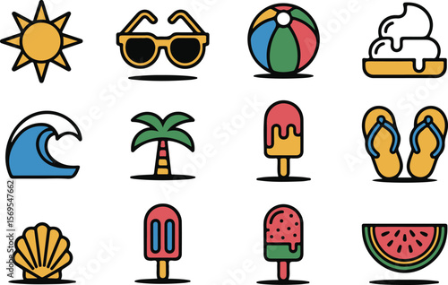 Summer Vacation Icon Set | Beach, Ice Cream, Sunglasses, Palm Trees

