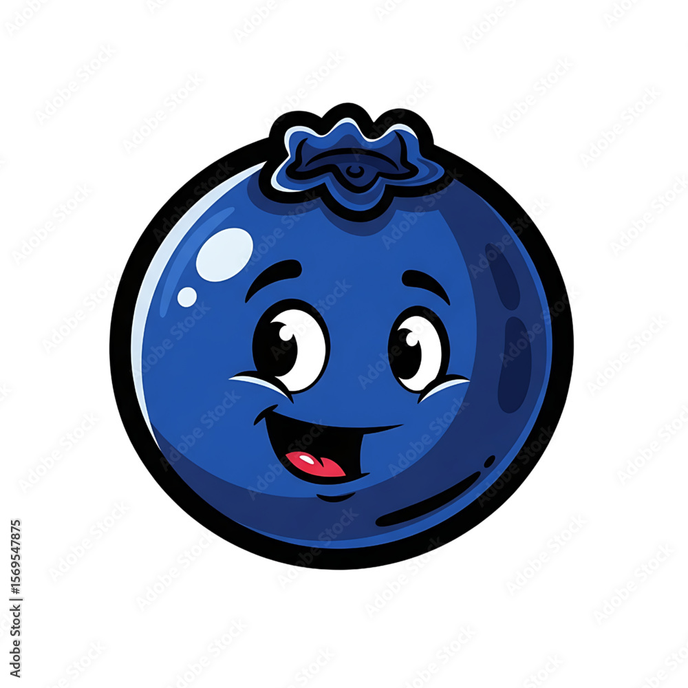 Fototapeta premium Whimsical Smiling Fruit: Cartoon Blueberry Design, Cheerful Blueberry Emoji: Fun Food Graphic, Vibrant Blueberry Character with a Happy Expression.
