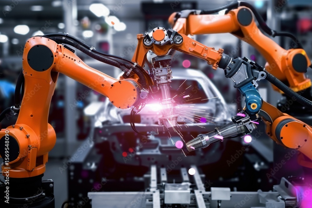 Innovative robotic assembly line performing precise welding in a modern automotive manufacturing facility Innovative robotic assembly line performing precise welding in a modern automotive manufacturing facility