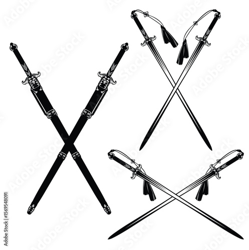 ancient chinese or korean traditional long swords with crossed blades - asian martial arts black and white vector design set