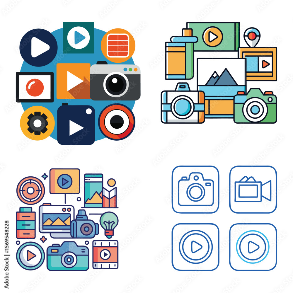 Obraz premium Photo and Video Icon Set – Camera, Gallery, and Multimedia Symbols