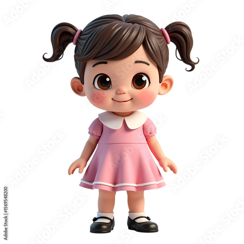 3d Cartoon girl with pigtails and a pink dress standing isolated on transparent background