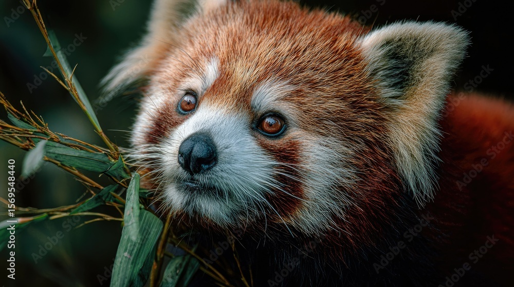 Obraz premium close-up of a red panda munching bamboo, color tones: rust red, forest green, and ivory white