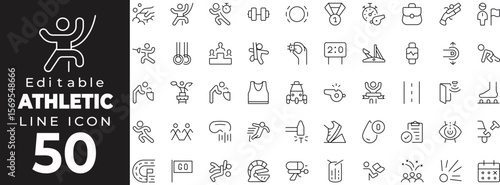 Editable stroke icon collection featuring athletics and sports-related symbols. Includes running, sprinting, hurdles, relay baton, stopwatch, medal, stadium, athlete silhouette, and training gear.