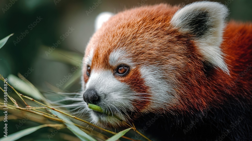 Obraz premium close-up of a red panda munching bamboo, color tones: rust red, forest green, and ivory white