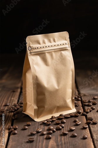 A kraft paper coffee bag stands on a wooden surface surrounded by scattered coffee beans, against a dark background.