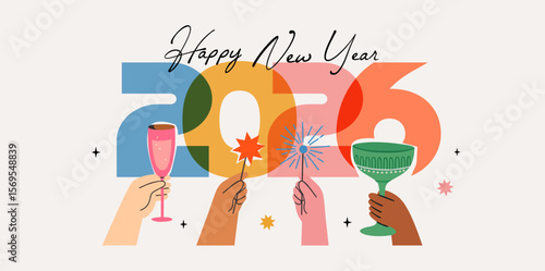 2026. Happy New Year Vector illustration with hands holding champagne, cocktail and sparklers. Perfect for greetings, background, poster,  congratulatory card, banner, or holiday designs. Holiday.